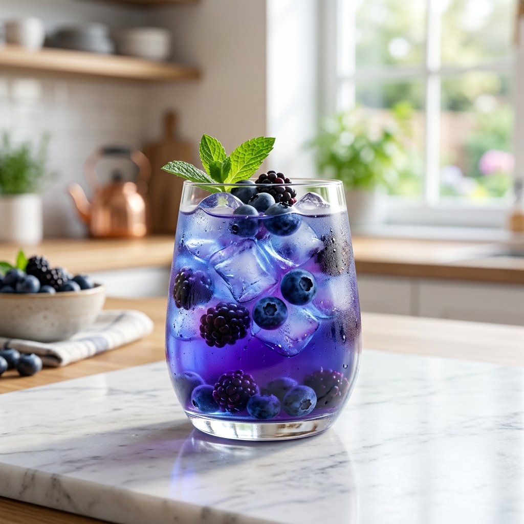 Verre de boisson rafraîchissante bleue et violette avec des glaçons et de la menthe sur un comptoir de cuisine ensoleillé